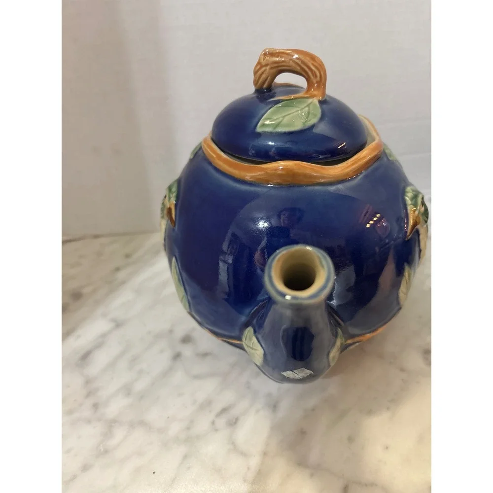 Vtg Majolica Blue Green Partridge and Pear Ceramic Teapot Creamer Sugar 5 pc